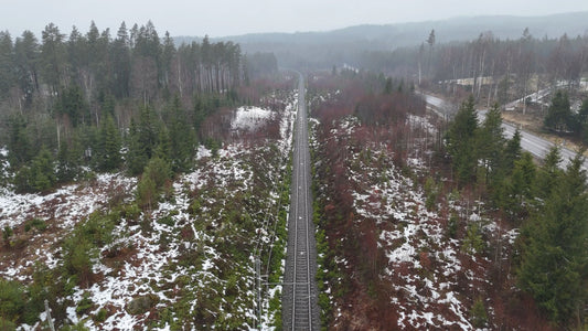 Foggy Railway Through Scandinavian Forest, Sweden